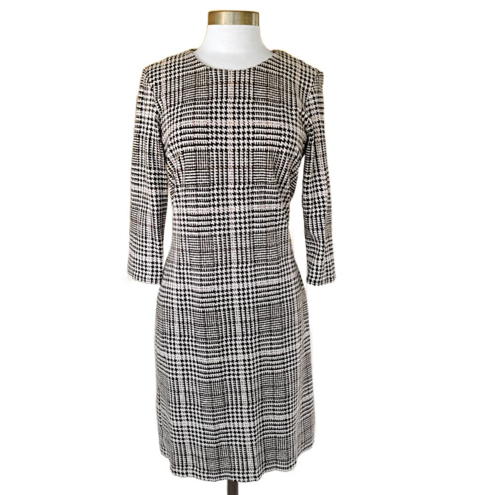 J.Mclaughlin Sophia Sheath Dress Medium Banibridge Houndstooth Plaid Cream Black